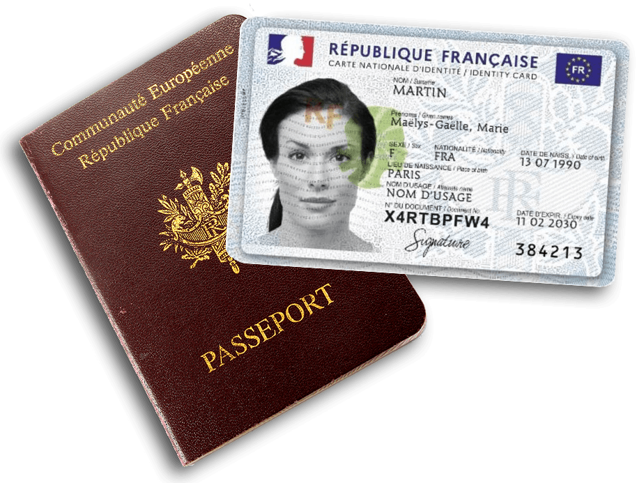 Photo d'une Carte nationale d'identité française et d'un Passeport français